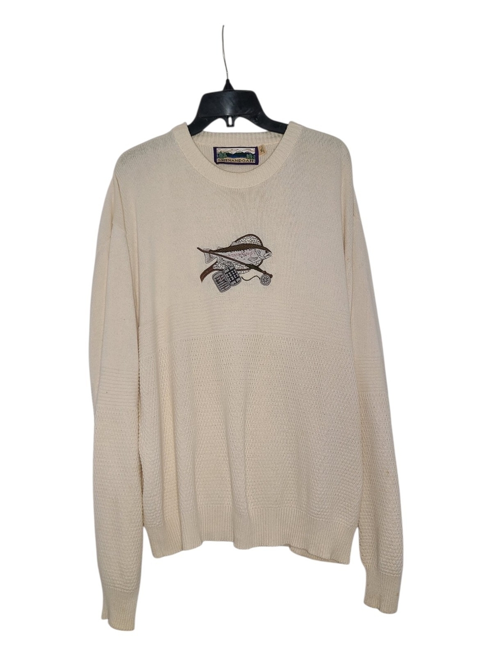 Vintage Shenandoah Fishing Embroidered Knit Sweater XL Cream 100% Cotton USA